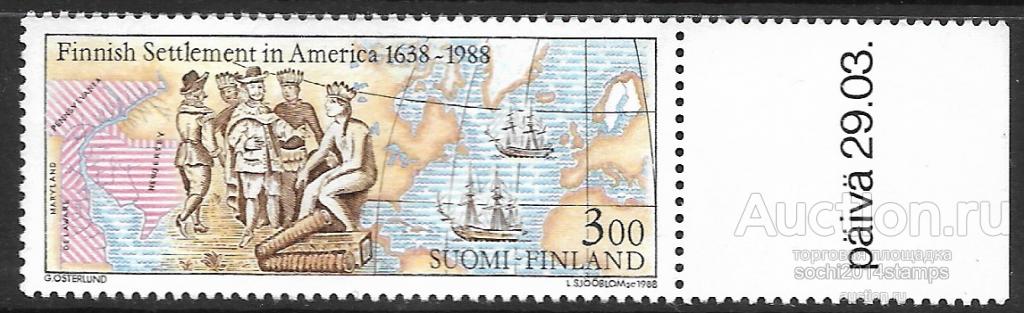 Финляндия. 1988 год. 350 лет первому финскому поселению в Америке. Марка без клея