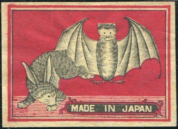 Япония ЛЕТУЧАЯ МЫШЬ + КРОЛИК фауна старинная спичечная этикетка