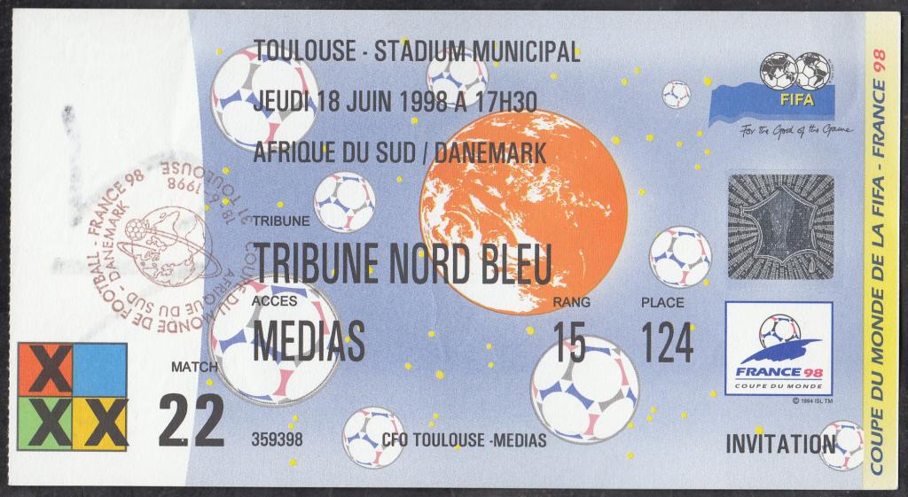 1998.  Билет.  ФУТБОЛ.  Спорт.  Чемпионат  Мира.  Матч № 22. ЮАР - Дания.  Водяные  знаки.