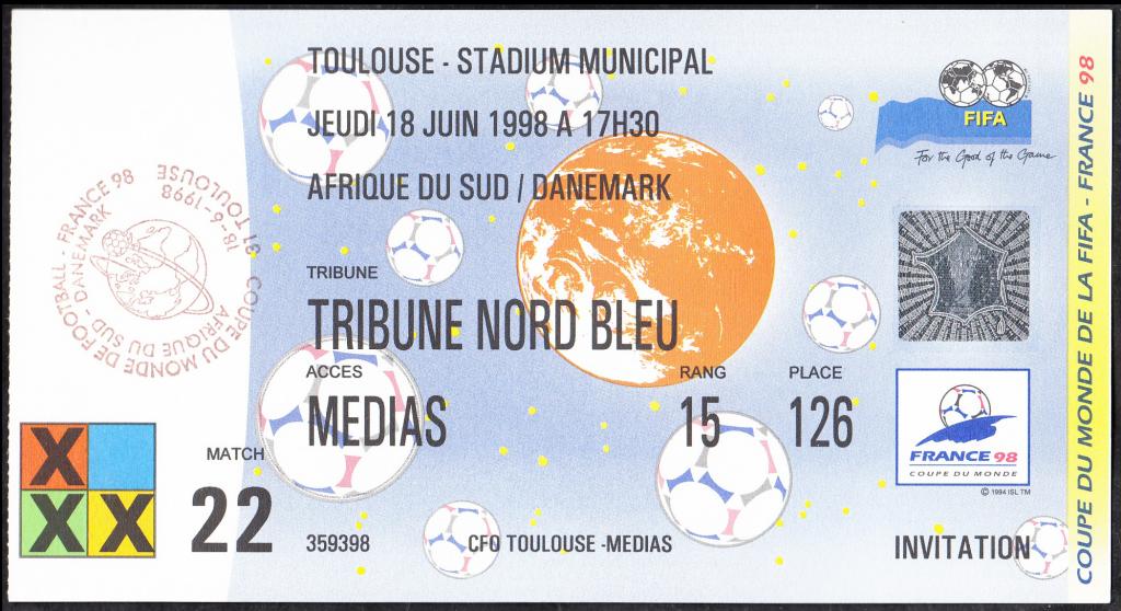 1998.  Билет.  ФУТБОЛ.  Спорт.  Чемпионат  Мира.  Матч № 22. ЮАР - Дания.  Водяные  знаки.