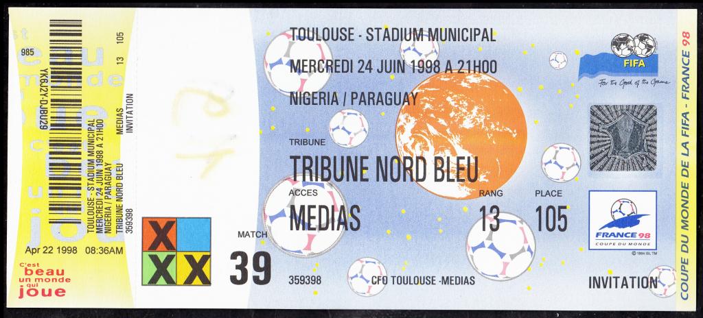 1998.  Билет.  ФУТБОЛ.  Спорт.  Чемпионат Мира.  Матч № 39.  Нигерия - Парагвай.  Водяные  знаки.