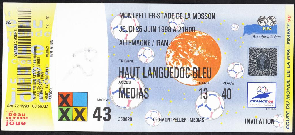 1998 ФУТБОЛ. Чемпионат Мира.  Билет. Матч № 43.  Германия - Иран.  Водяные  знаки.