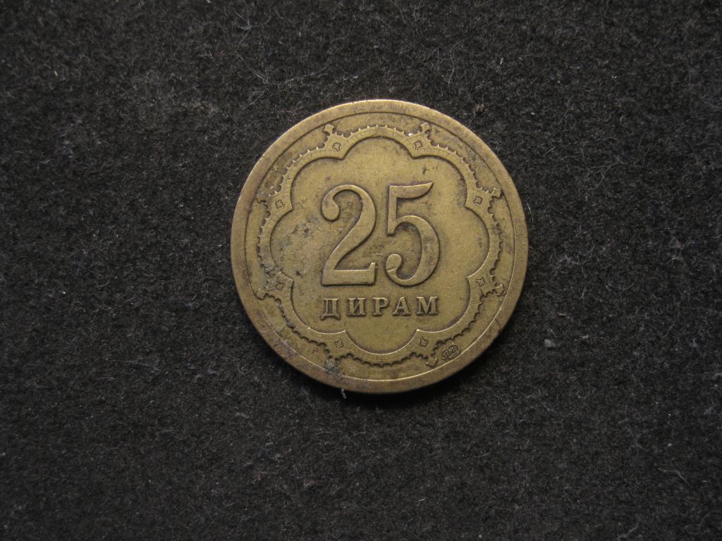 Таджикистан 25 дирам (дирамов), 2001 XF, хорошее состояние, корона, звезды (2.24)