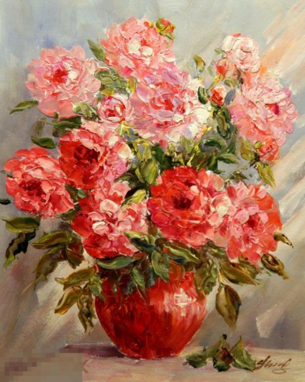 Картина маслом на холсте "Ваза и пионы" 40*50 см. арт. 821 Пионы 