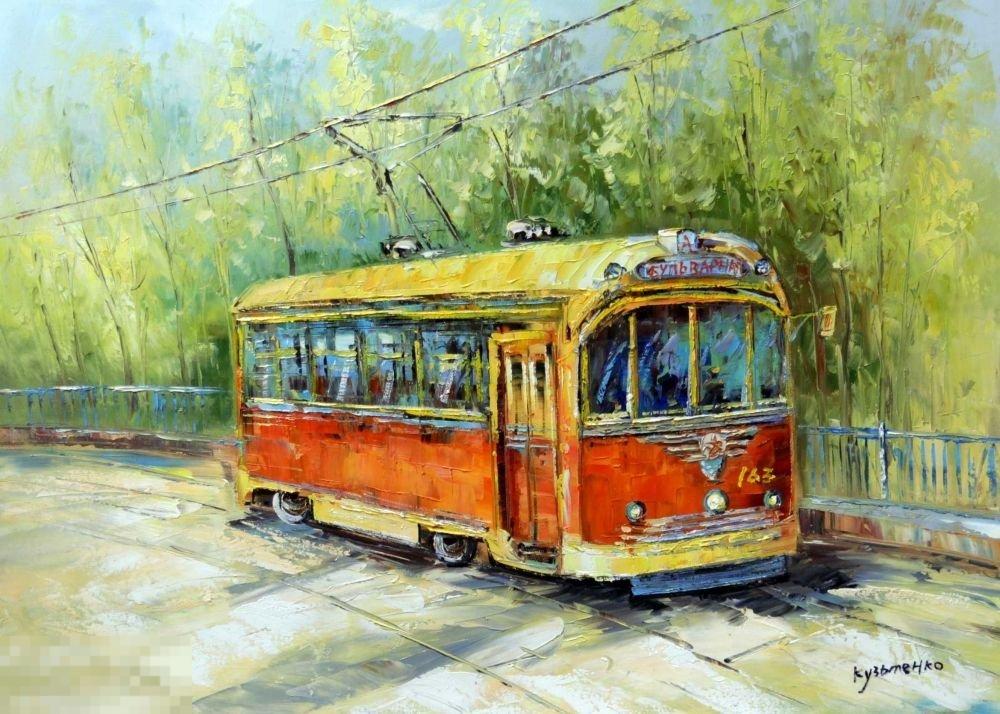 Картина маслом на холсте "Маршрут А" 70*50 см. арт. 1984 Трамвай 