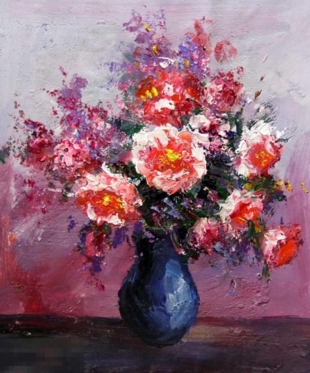 Картина маслом на холсте "Нежные розы" 50*60 см. арт. 1016 Розы Пионы 