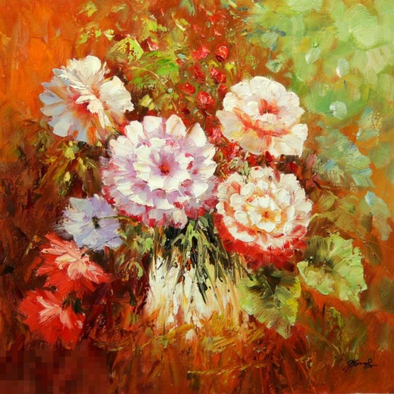 Картина маслом на холсте "Стильные розочки" 60*60 см. арт. 976 Розы Пионы 