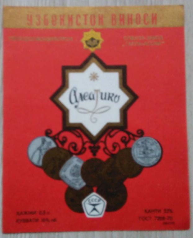Этикетка винная. Вино.Алеатико .Узб. ССР. 0108
