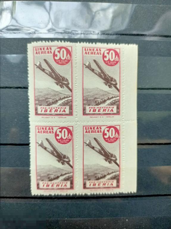 ИСПАНИЯ 1945 АВИАЦИЯ САМОЛЕТЫ ИБЕРИЯ IBERIA НАДПЕЧАТКА TANGER ТАНЖЕР,КВАРТБЛОК** 