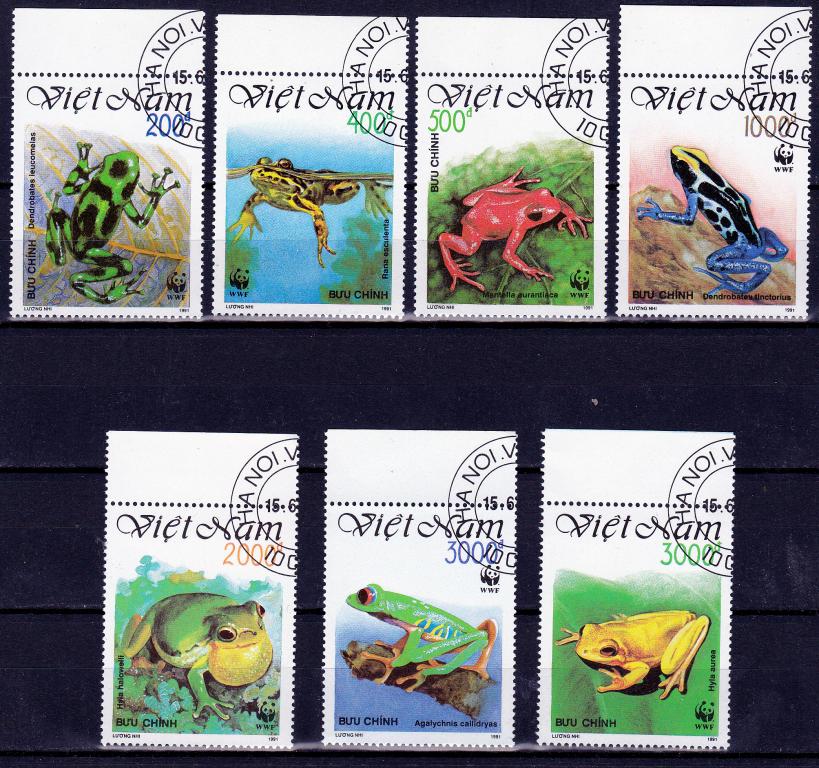 Марки  Вьетнам 1991 г  Лягушки Серия 7 марок М 2344-2350 Фауна