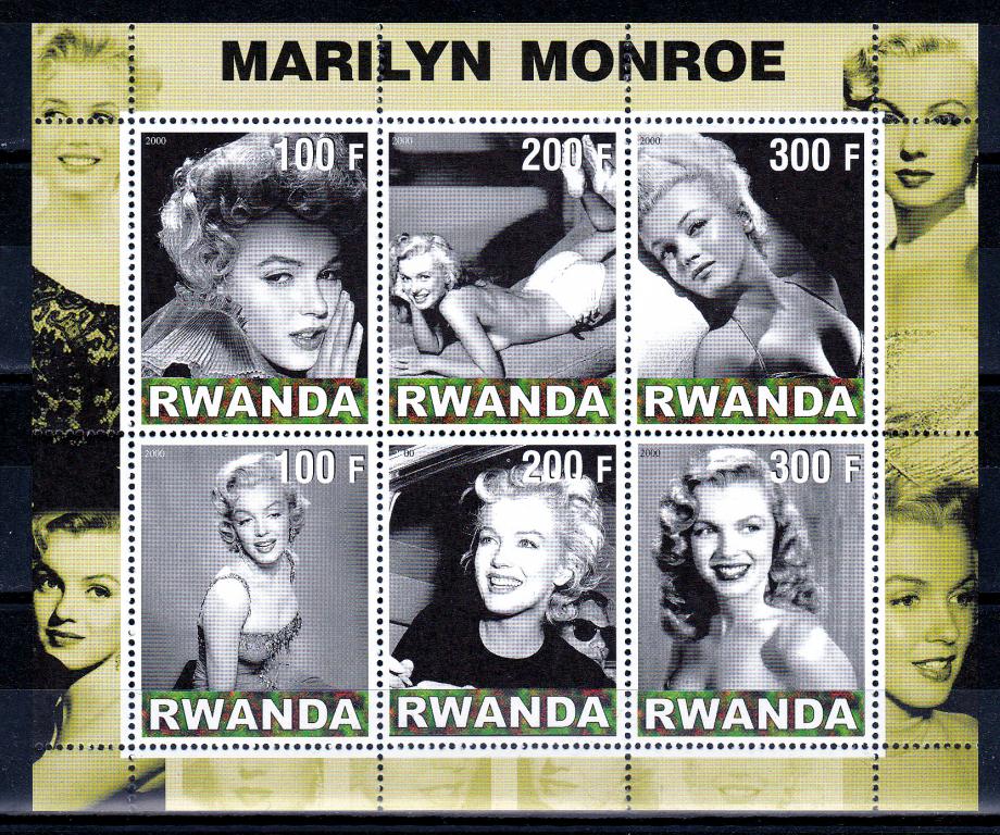 Марки Руанда 2000 г.  Мэрилин Монро Блок MNH ** Персоналии Знаменитые люди