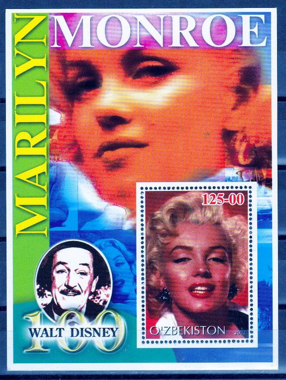 Марки Узбекистан 2002 г. Мэрилин Монро Дисней Блок MNH ** Персоналии Знаменитые люди