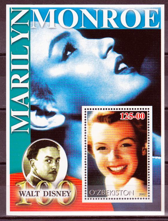 Марки Узбекистан 2002 г. Мэрилин Монро Дисней Блок MNH ** Персоналии Знаменитые люди