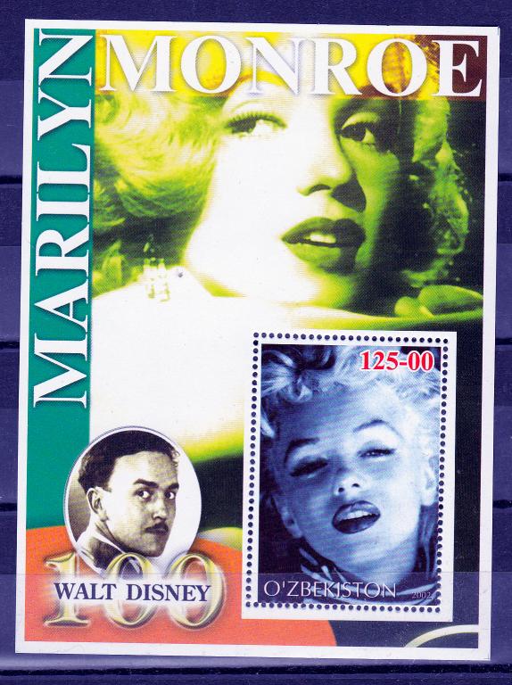 Марки Узбекистан 2002 г. Мэрилин Монро Дисней Блок MNH ** Персоналии Знаменитые люди