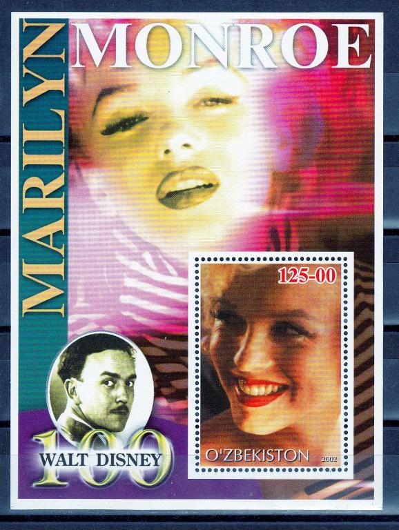 Марки Узбекистан 2002 г. Мэрилин Монро Дисней Блок MNH ** Персоналии Знаменитые люди