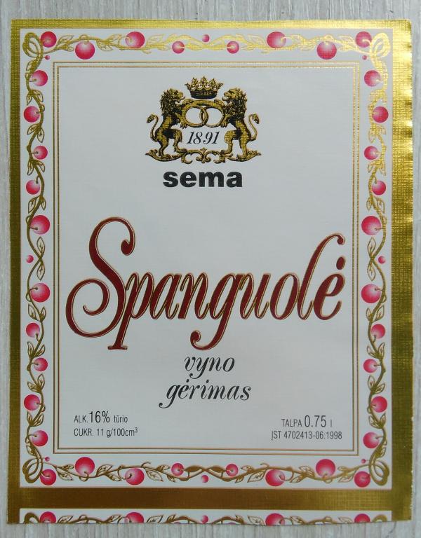 Этикетка винная. Вино . SPANGUOLE gerimas. 0.75.л. 16% . Литва. 0482