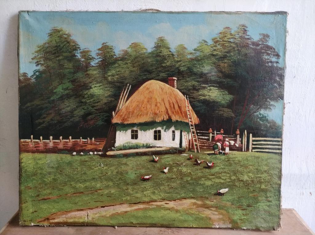 Деревенский пейзаж лубок холст масло.