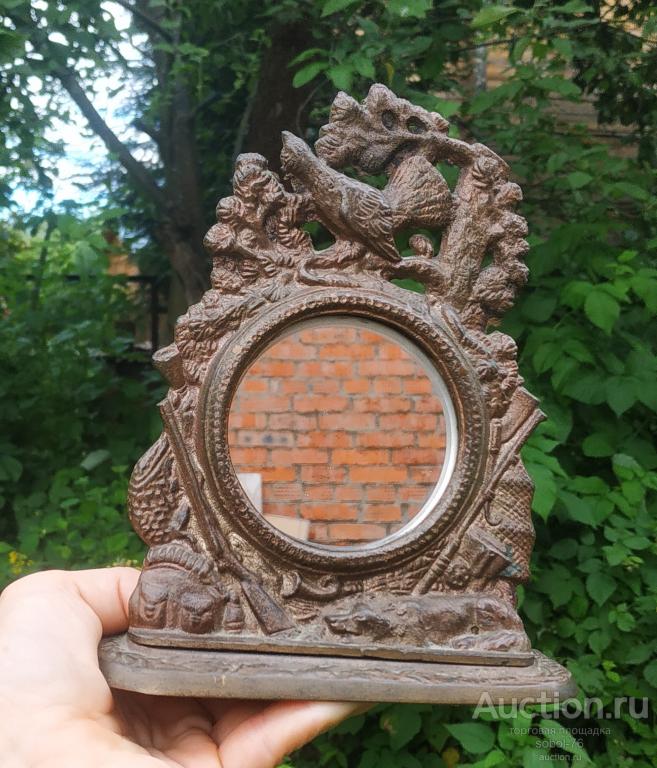 Старинное настольное ЗЕРКАЛО ОХОТА бронза КУСА 1955г. СССР