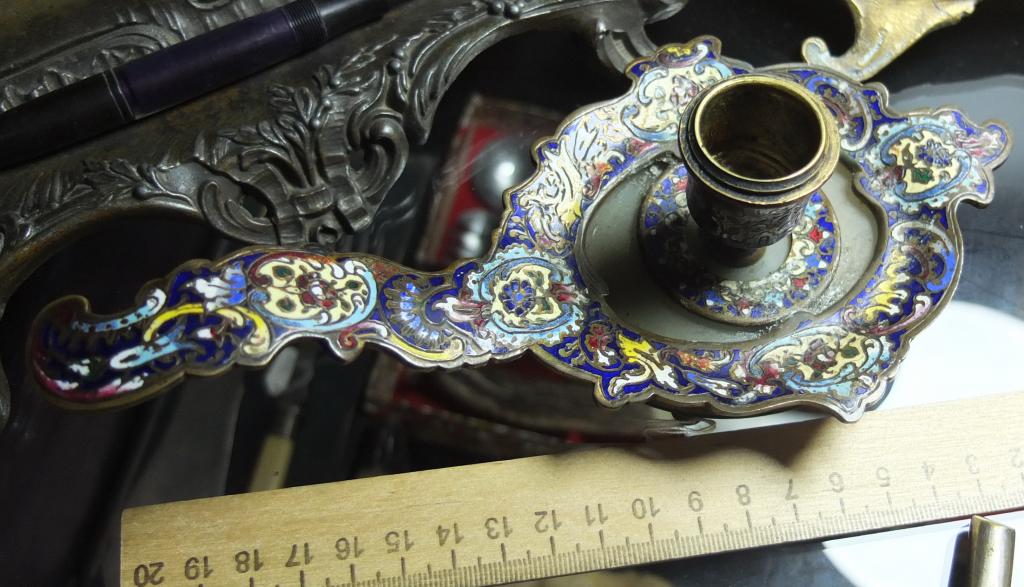 бронзовый подсвечник,разноцветные эмали, старый