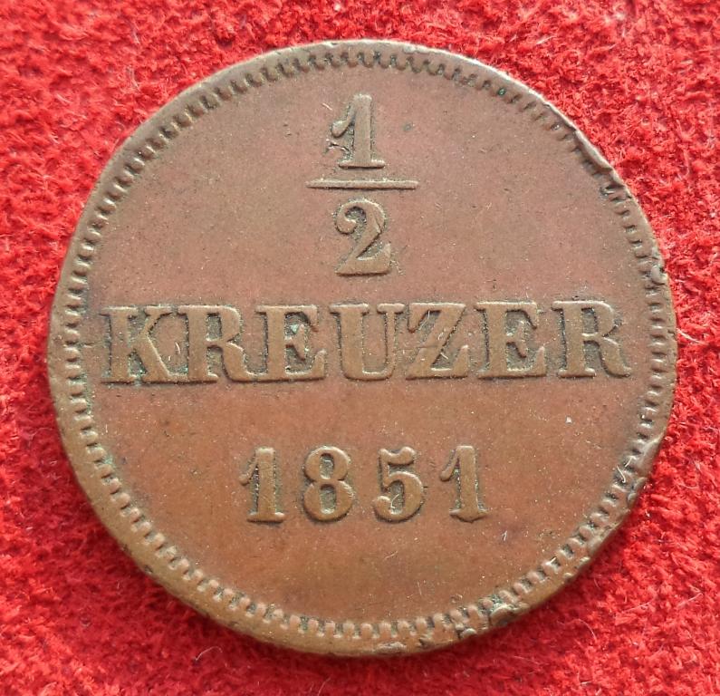 Бавария 1/2 крейцера 1851 год п.8