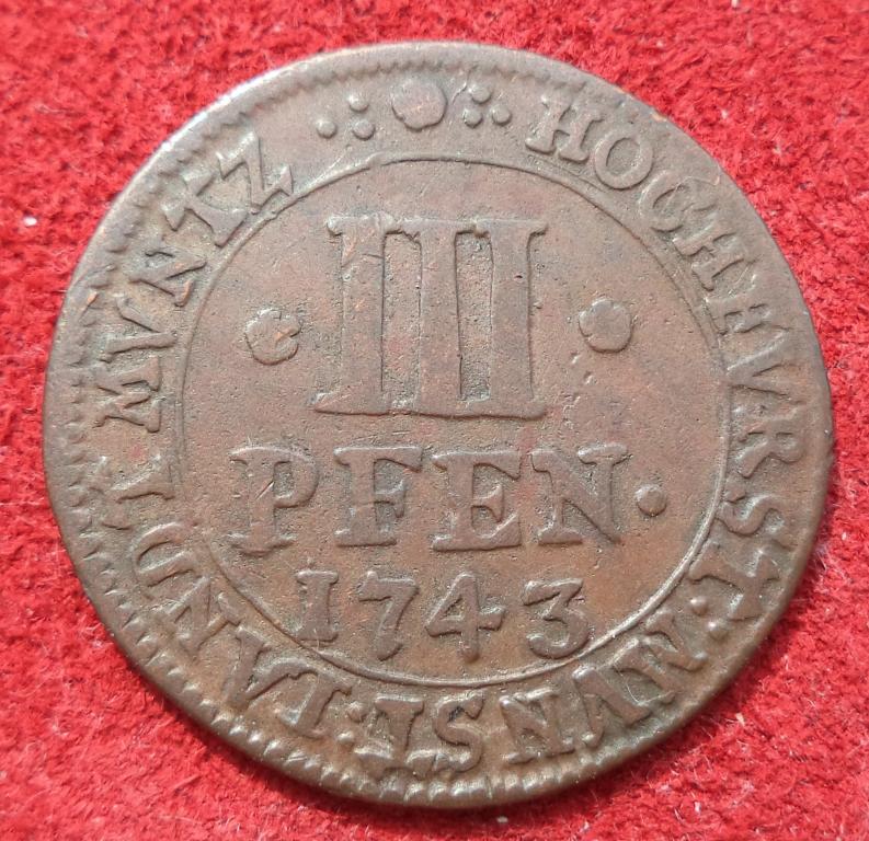 Мюнстер 3 пфеннинга 1743 год п.8