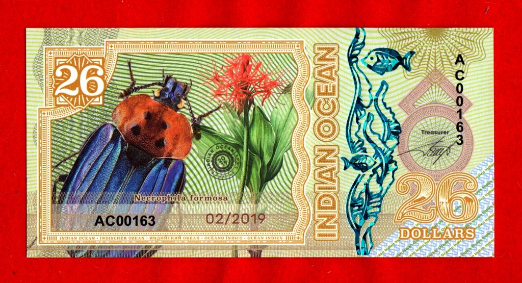 Индийский океан, 26 долларов, 2019, UNC - серия НАСЕКОМЫЕ (ЖУК-ПАДАЛЬЩИК), ГОЛОГРАФИЯ