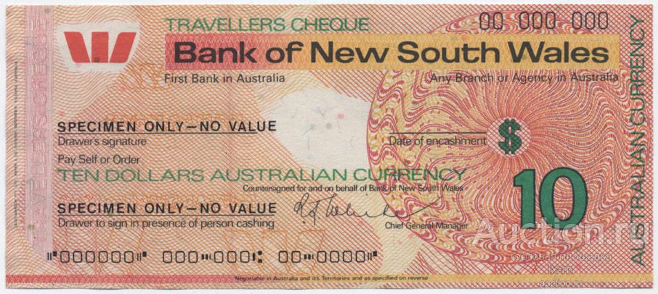 Австралия чек Bank of New South Wales 10 долларов образец UNC