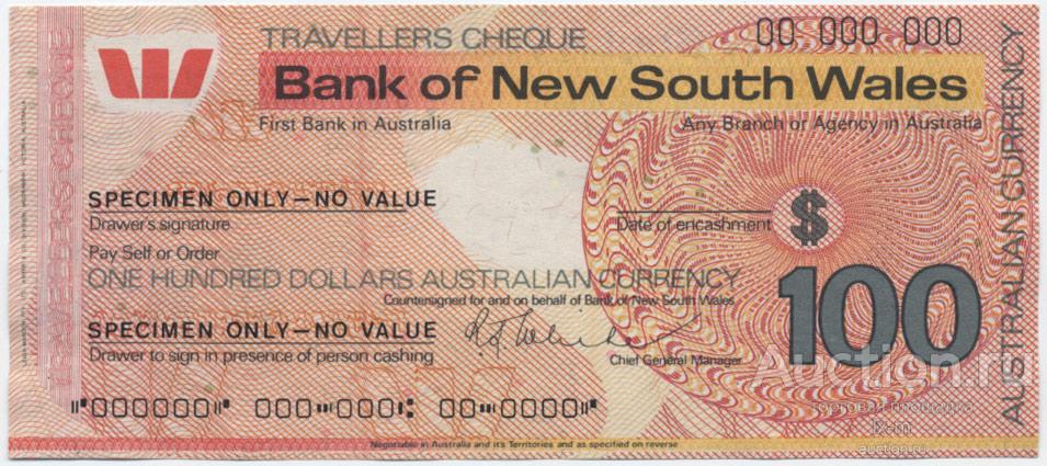 Австралия чек Bank of New South Wales 100 долларов образец UNC