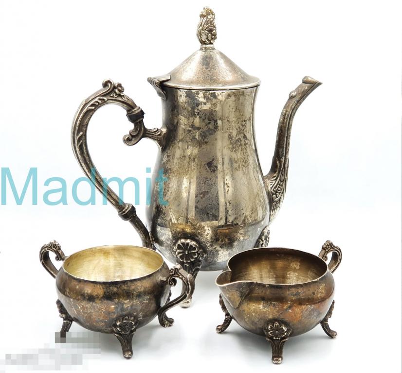 Старинный посеребренный КОФЕЙНЫЙ НАБОР Кофейник Молочник Сахарница 