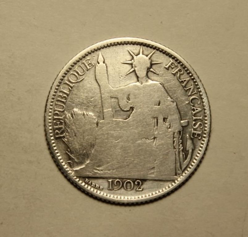 ФРАНЦУЗСКИЙ ИНДОКИТАЙ 20 ЦЕНТОВ 1902г.  СЕРЕБРО. РЕДКИЙ ГОД. ОРИГИНАЛ.