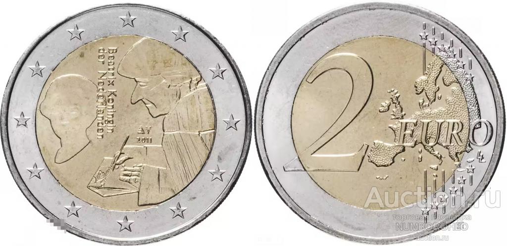 Нидерланды 2 евро, 2011 500 лет издания книги «Похвала глупости» Эразма Роттердамского UNC