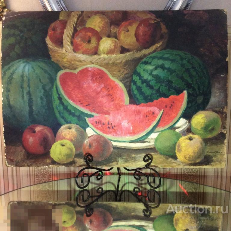 Живопись «Натюрморт с арбузом», Владимир Андреев, 1970 г., масло, оргалит. 
