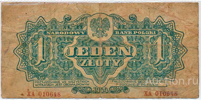 Бона Польша 1 злот (1944 г.) VF