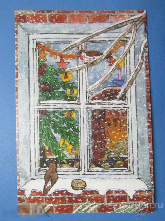 С новым годом . Птицы. Окно. 1998 . Камин . Елка  .  Иностранная . подписана    . 