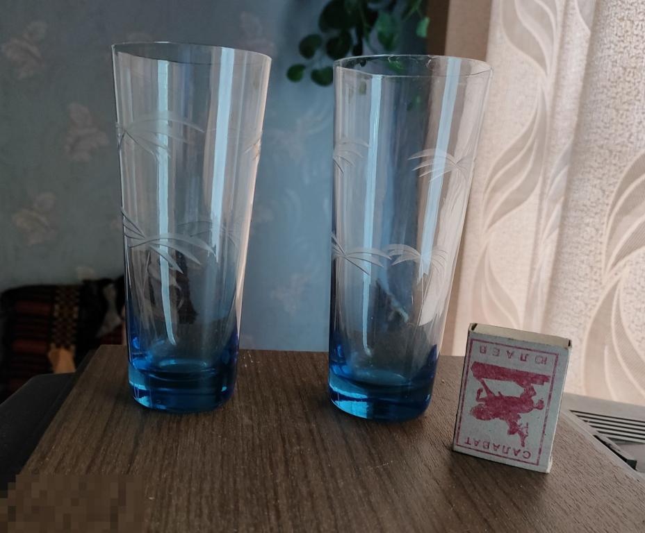 ОТЛИЧНЫЕ НЕЧАСТЫЕ Высокие СТАКАНЫ СССР! СИНЕЕ ТОНКОЕ Стекло! Грань.Пальмы.Новые.Без сколов. 