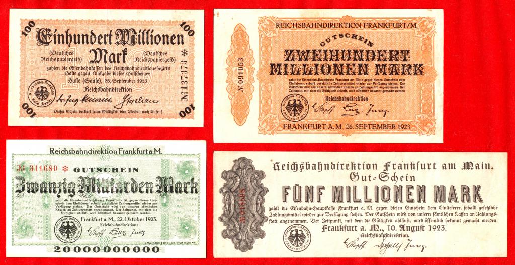 Германия ЖЕЛЕЗНЫЕ ДОРОГИ (Франкфурт), 5000000, 100000000, 200000000, 20000000000 марок, 1923, RRR!