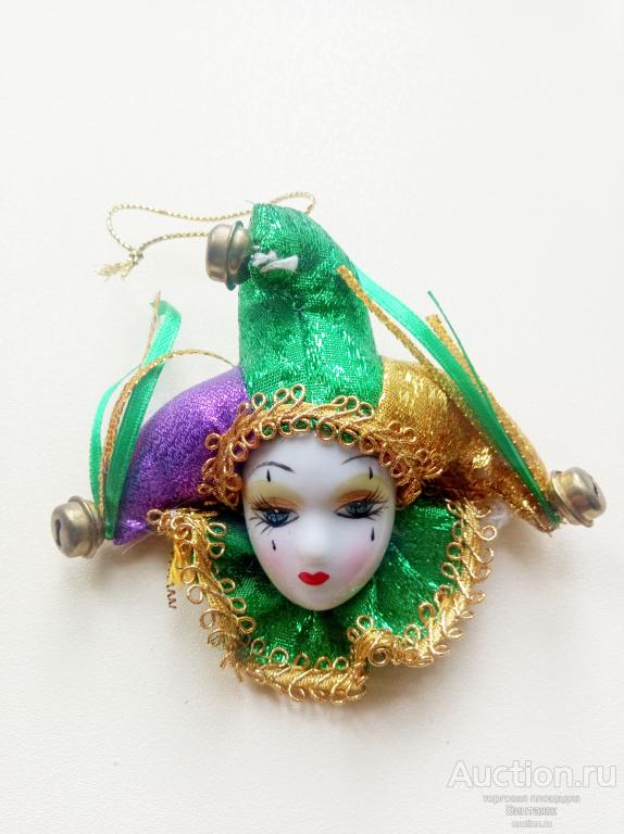 Елочная игрушка Клоун Венецианская маска фарфор текстиль