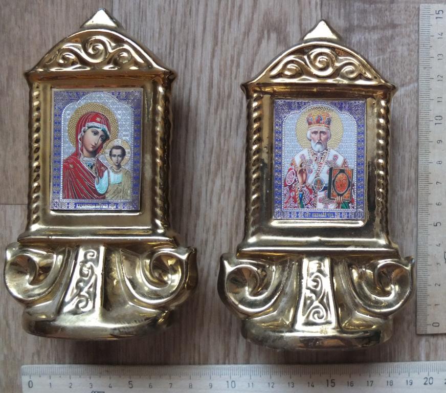 керамические иконки Казанская и Николай Чудотворец, керамика,золочение,  с отверстиями для свечек
