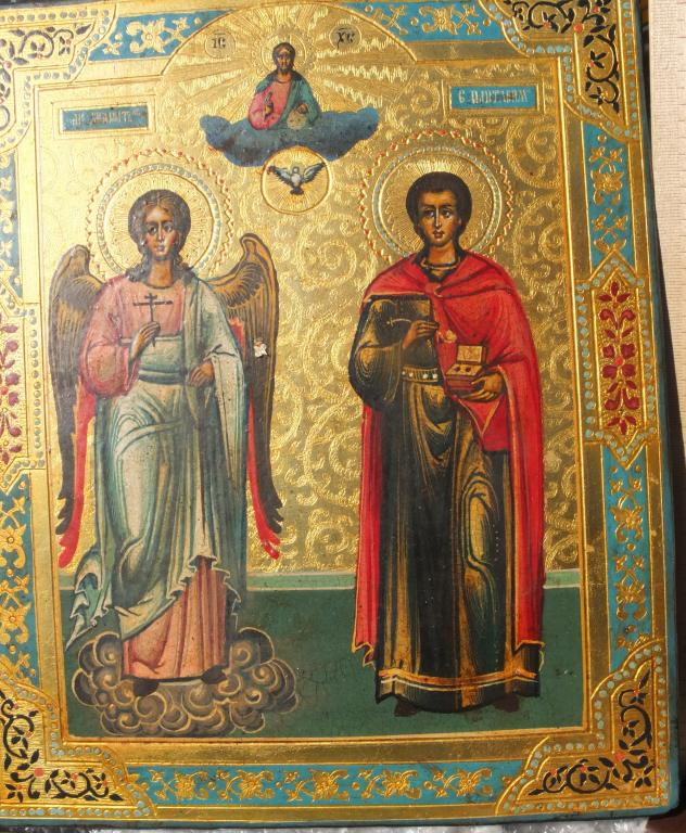 икона Пантелеймон и Ангел Хранитель, письмо новое , доска старая