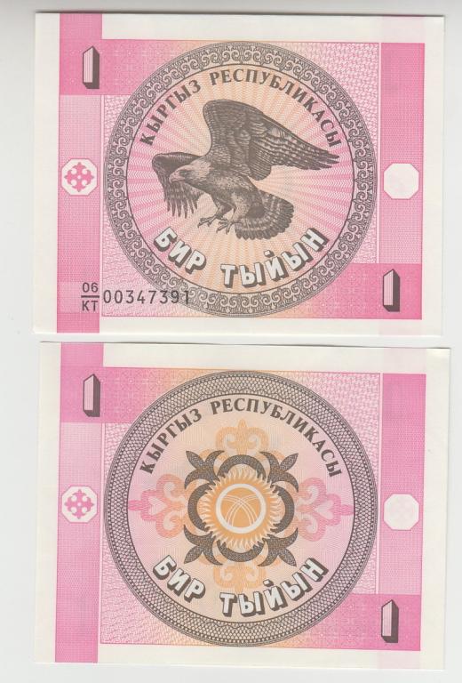 Киргизия 1 тыйин 1993 UNC серия KT грибы