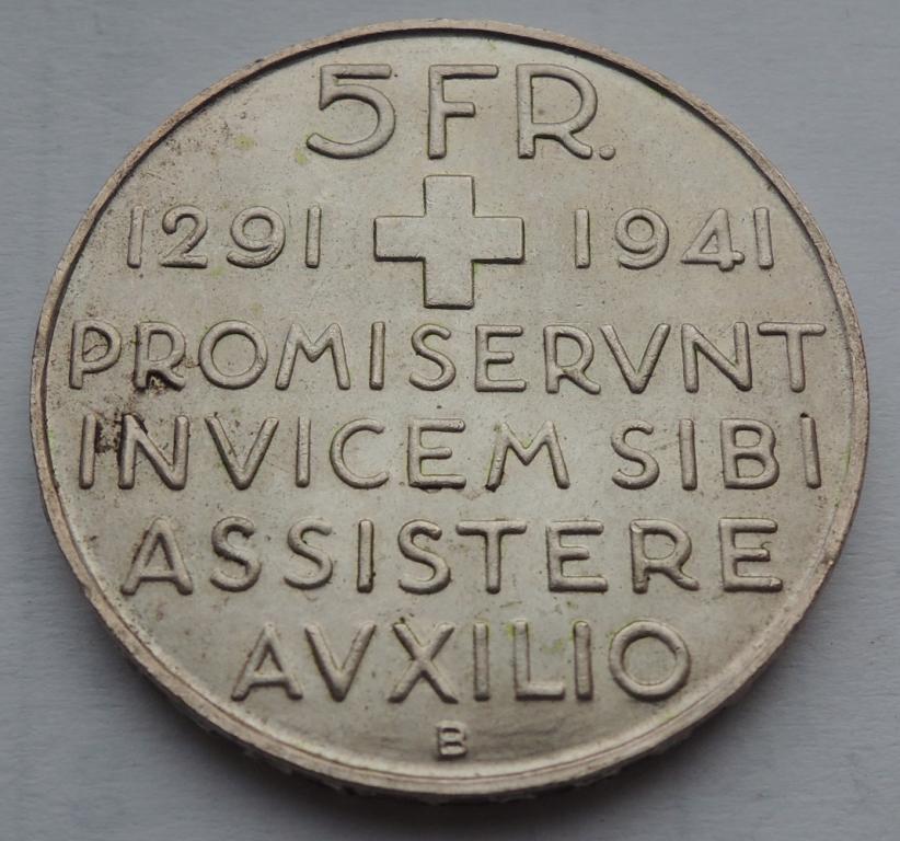 5 франков 1941 года, Швейцария, 650 лет Конфедерации, серебро.