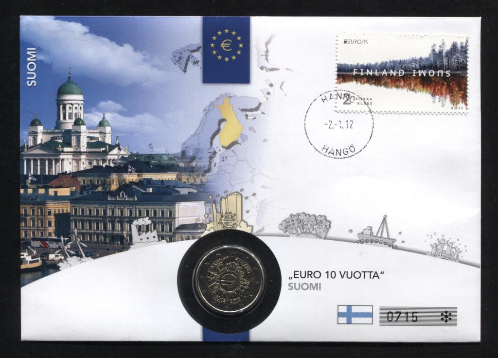 Numis cover edition конверт марка Финляндия 2 евро 2012 10 лет евро наличными