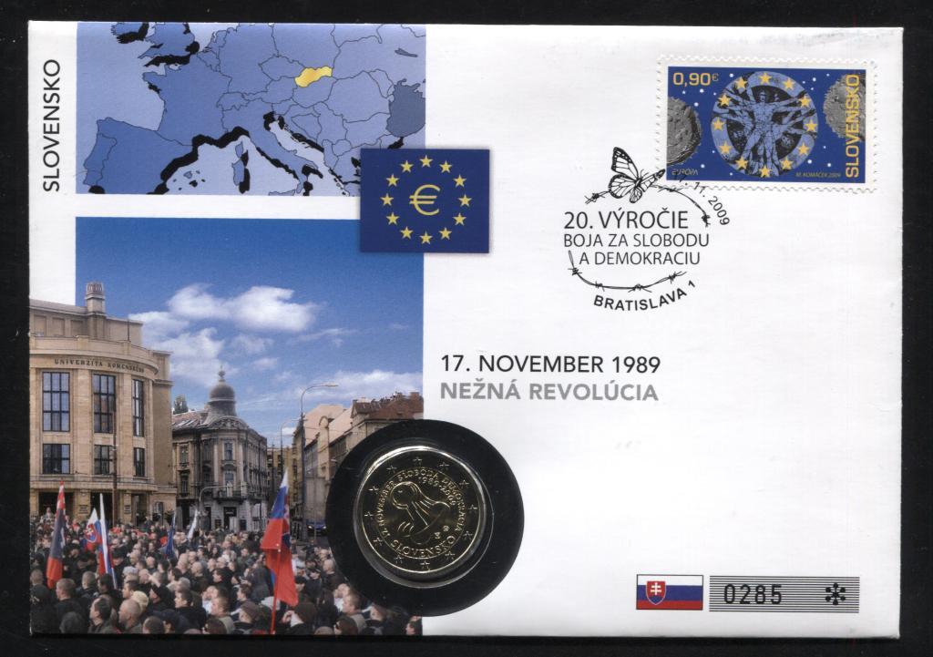 Numis cover edition конверт марка Словакия 2 евро 2009 20 лет Бархатной Революции