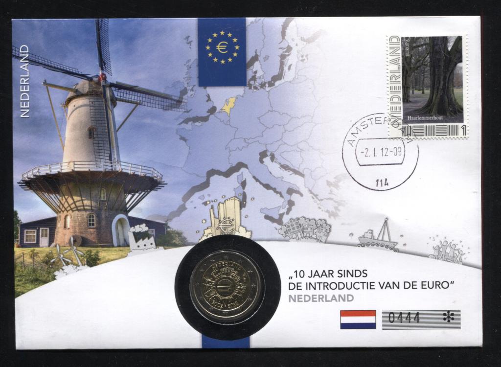 Numis cover edition конверт марка Нидерланды 2 евро 2012 10 лет евро наличными