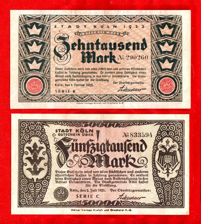 Германия, Кёльн (Köln), городской выпуск, 10000 и 50000 (10 и 50 тыс.) марок, 1923, 290260
