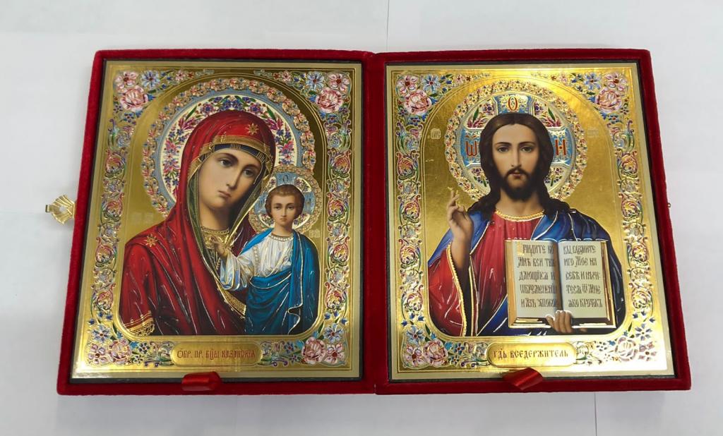 Икона складень Казанская Богородица Вседержитель Иисус 2 створки в бархате