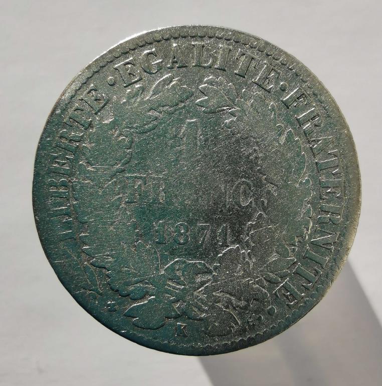 Франция 1 франк 1871 К монетный двор Бордо серебро