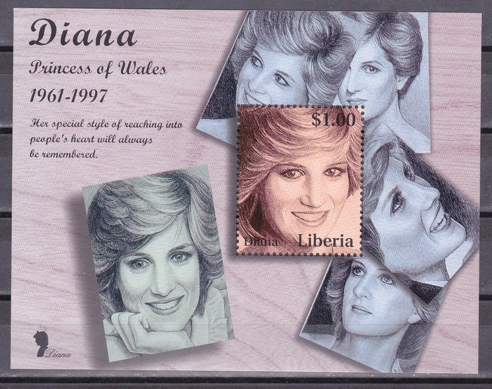 Марки Либерия 1998 г. Принцесса Диана Блок MNH OG ** Персоналии Знаменитые люди