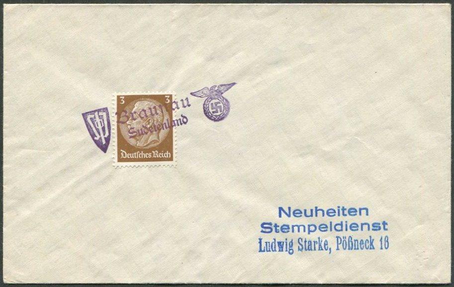 СУДЕТЫ 1938 Sudetenland Германия BRAUNAU (Broumov) провизорий СГ оккупация Чехословакии конверт