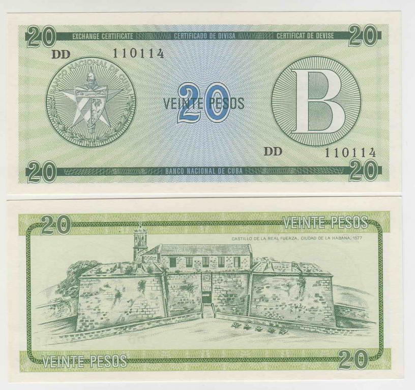 Куба 20 песо 1985 серия B UNC